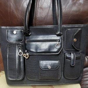 Brighton business briefcase black leather & fabric laptop pocket zipper handbag.